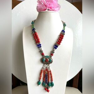 Stunning two strand boho style tribal theme handmade Tibetan silver necklace 18”